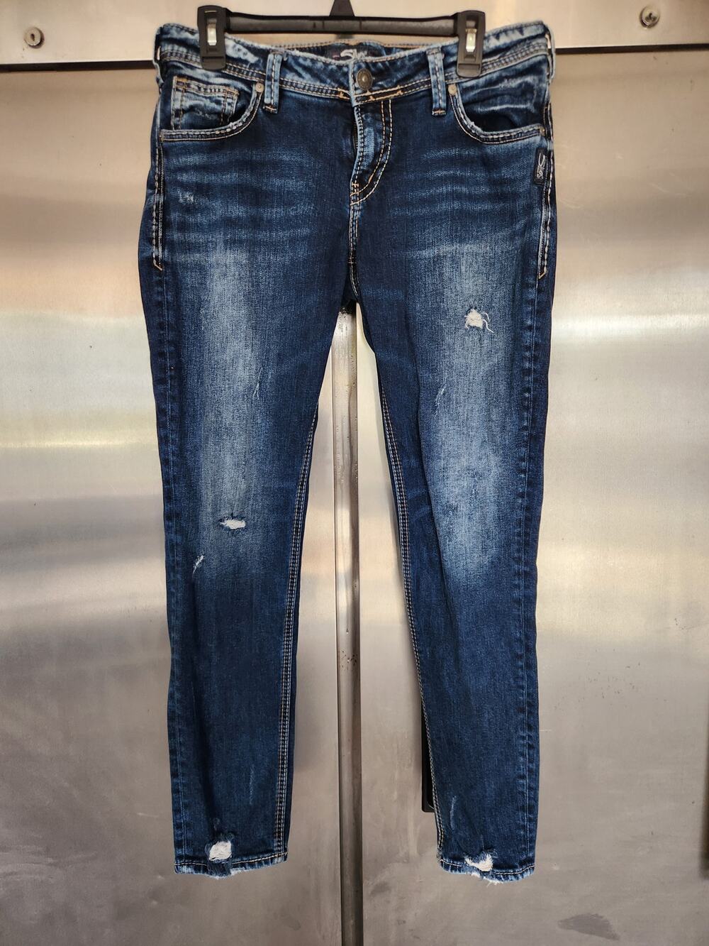 Silver Jeans Co Womens Sam W29 L27 Dark Wash Distressed Ripped Denim Ankle Crop
